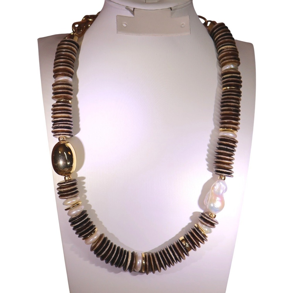 Lizzie Fortunato Bilbao Collar II Necklace Bone Heishi Baroque Pearl Gold EUC